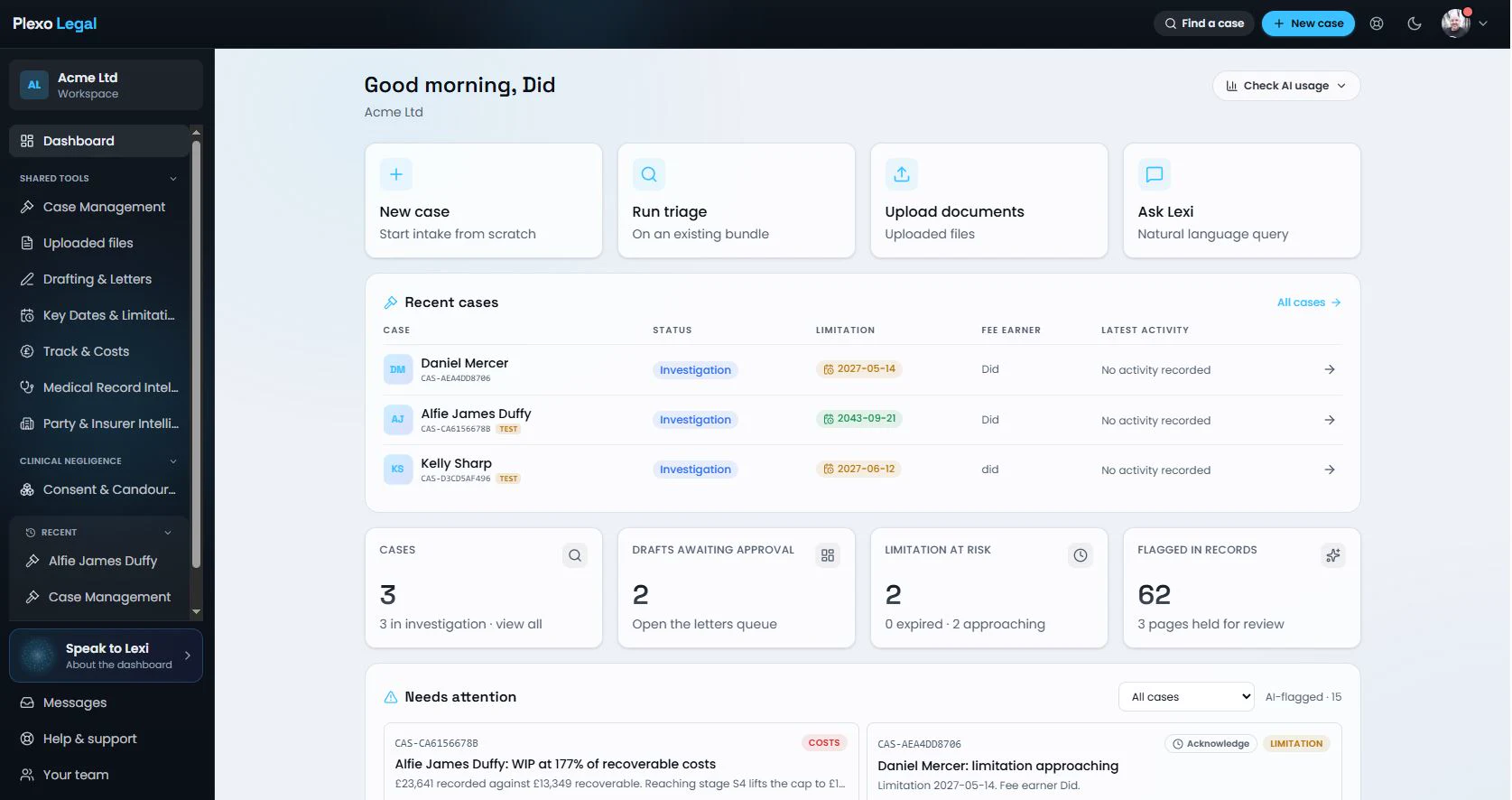 Plexo Legal case intelligence dashboard showing AI case triage, key dates and limitation tracking for UK claimant law firms